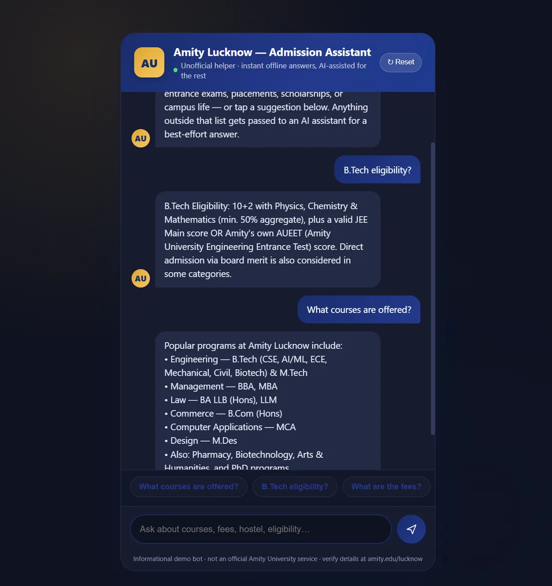 Amity Admissions Assistant — a chat exchange answering B.Tech eligibility and the list of programmes offered, with suggested follow-up questions
