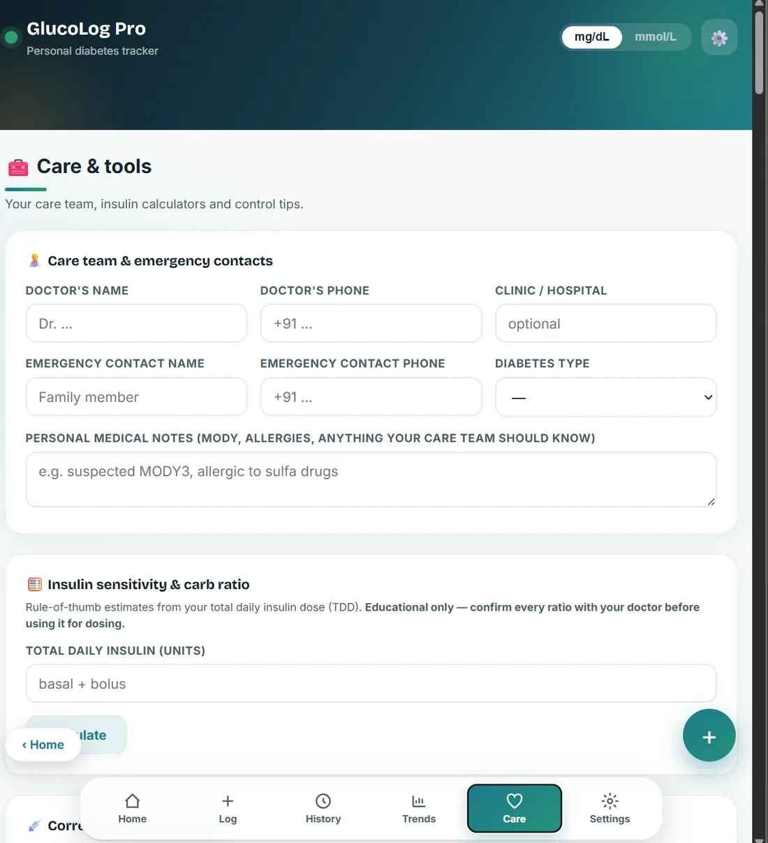 GlucoLog Pro — the Care and tools screen: care-team and emergency contacts, medical notes and an insulin sensitivity and carb ratio calculator