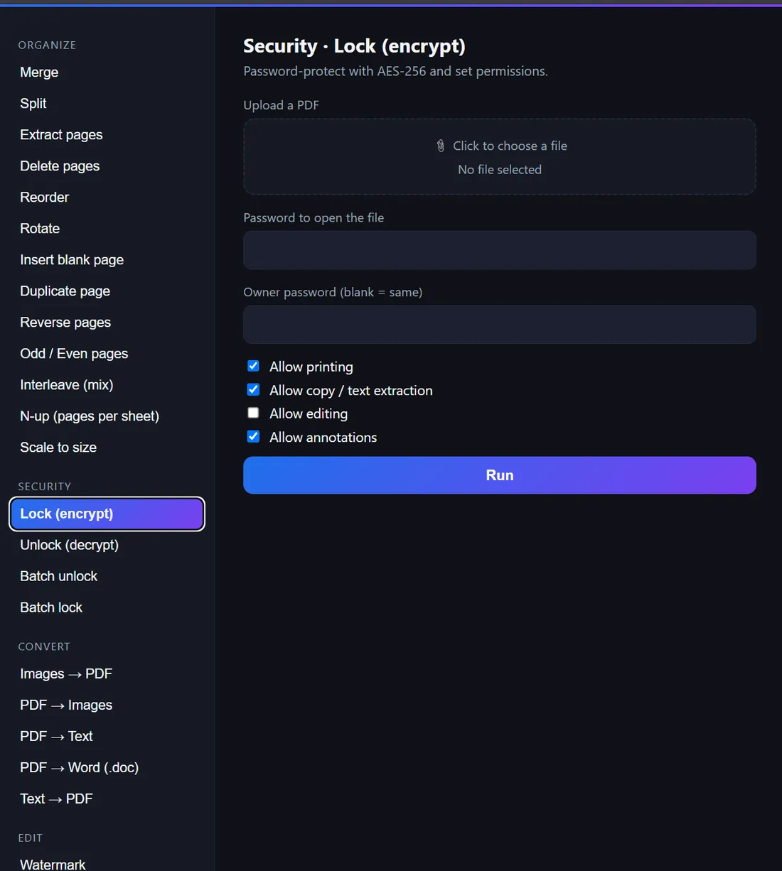 Offline PDF Toolkit — the Lock (encrypt) tool: password-protect a PDF with AES-256 and set printing, copying, editing and annotation permissions