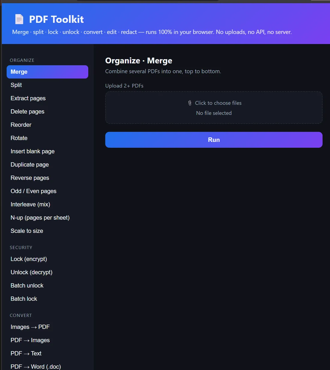 Offline PDF Toolkit — the Organize / Merge tool, with the full list of tools in the sidebar and the header stating it runs entirely in the browser